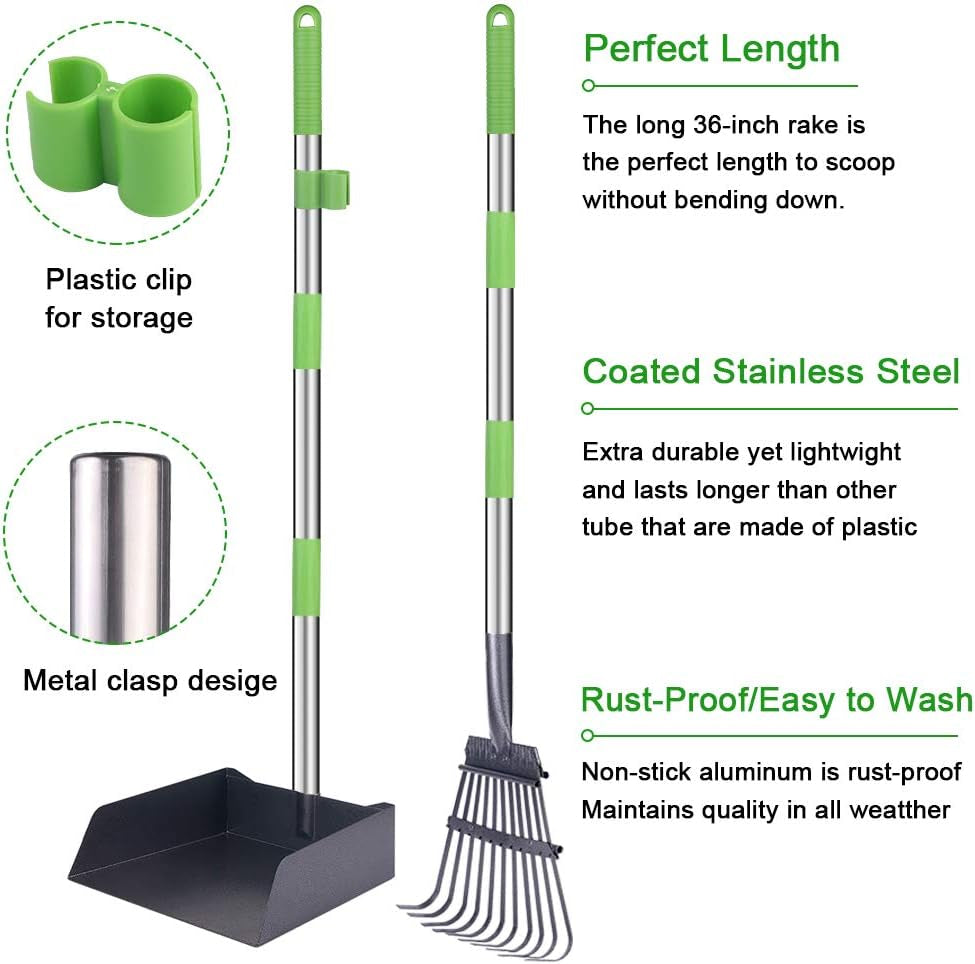 Extra Large Dog Pooper Scooper, Metal Pet Poop Tray & Rake Set, Adjustable Long Handle for Large Dogs - Great for Grass/Street/Gravel