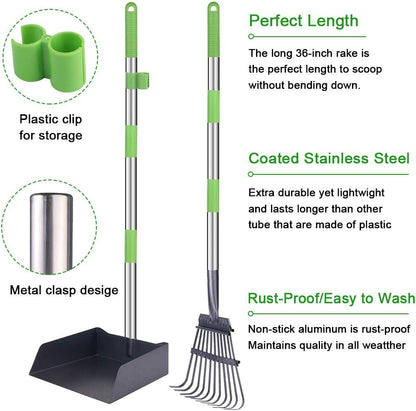 Extra Large Dog Pooper Scooper, Metal Pet Poop Tray & Rake Set, Adjustable Long Handle for Large Dogs - Great for Grass/Street/Gravel