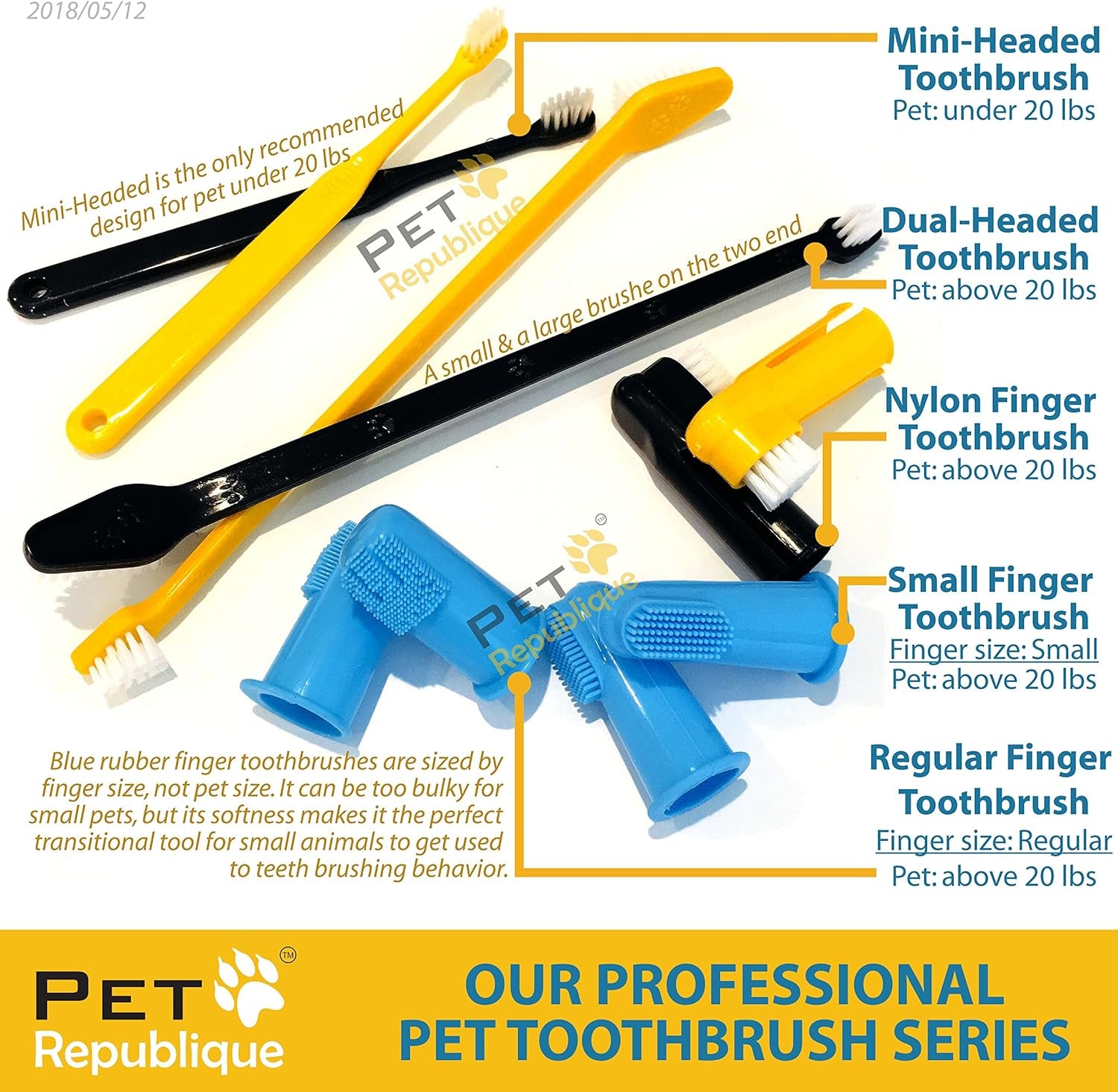 Dog Toothbrush Set of 6 – Dual Headed Dental Hygiene Brushes for Small to Large Dogs, Cats, and Most Pets