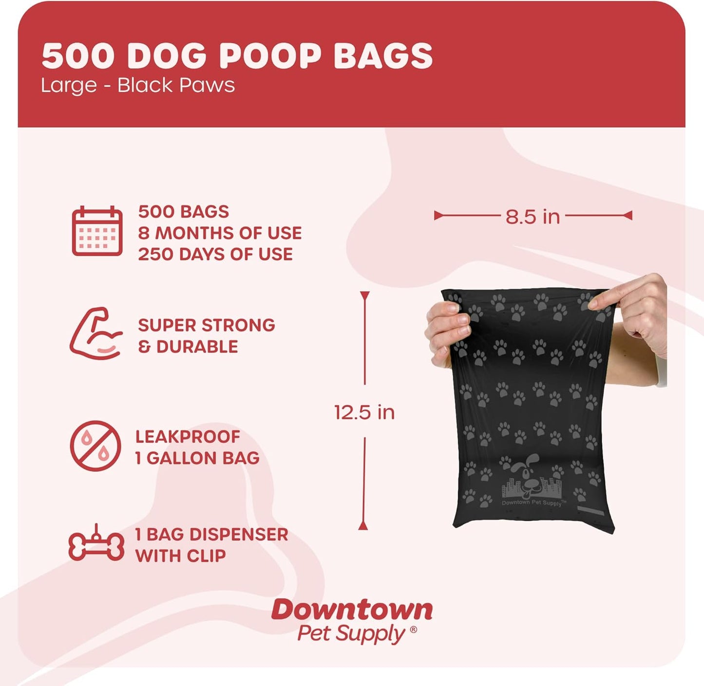500 Pet Waste Bags, Dog Waste Bags, Bulk Poop Bags with Leash Clip and Bone Bag Dispenser - (500 Bags, Black with Paw Prints)