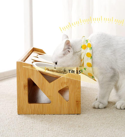 Cat Bowls Pet Dining Table with Raised Slope Wooden Stand Elevated Pet Bowls with Oblique Stand for More Comfortable Eating for Cats, Dogs, Kitten and Puppy (Double Bowl, Liftable)
