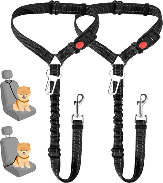 Dog Seat Belt for Car, 2 Pack Dog Car Harness Seatbelt Adjustable with Elastic Bungee Buffer, 2 in 1 Pet Car Leash Headrest Restraint Dog Reflective Safety Tether (S, Black, Headrest+Clip)