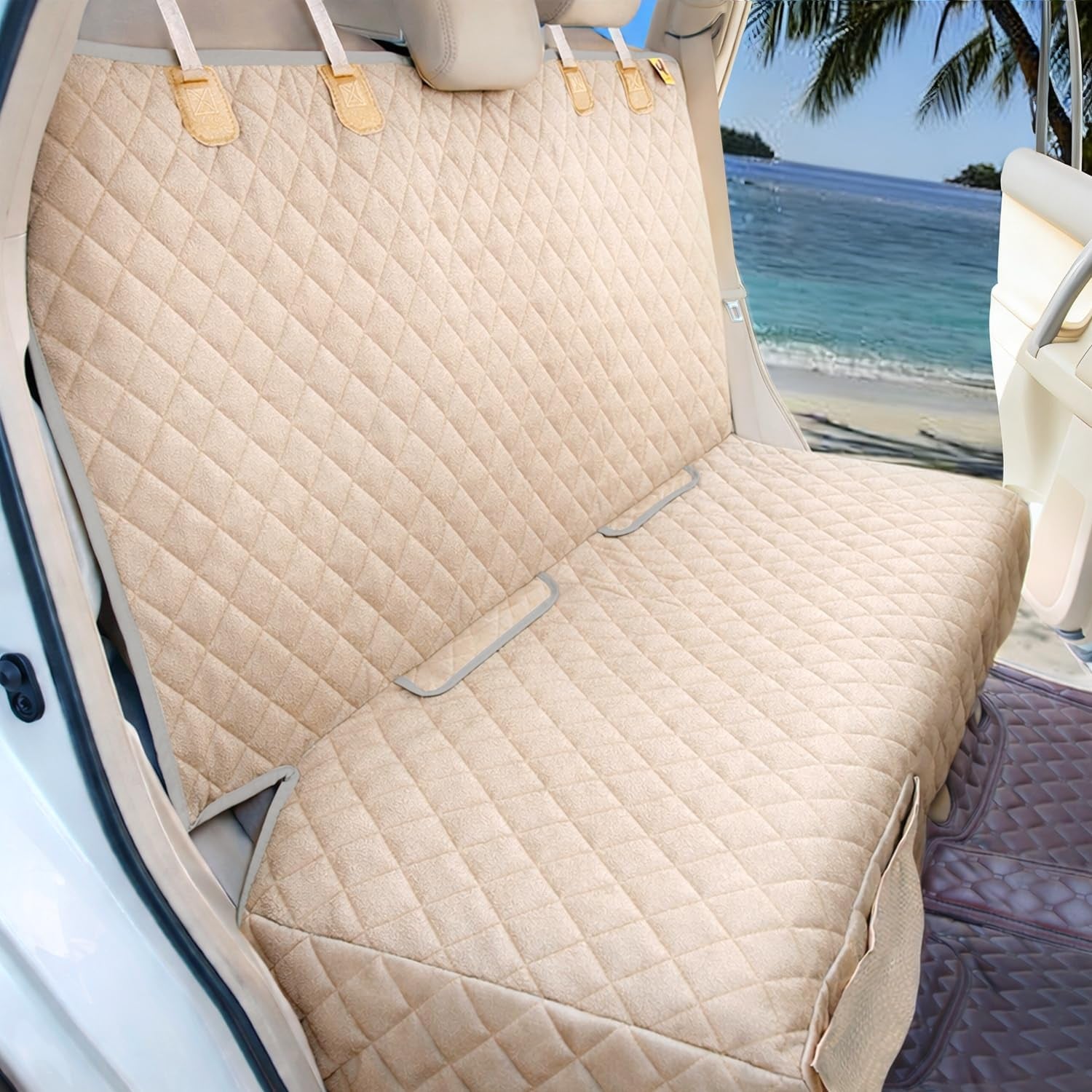 Dog Car Seat Cover for Back Seat Waterproof Backseat Protector, Nonslip Rear Seat Cover for Kids,Universal Size Fits Cars Trucks Suvs (Beige)