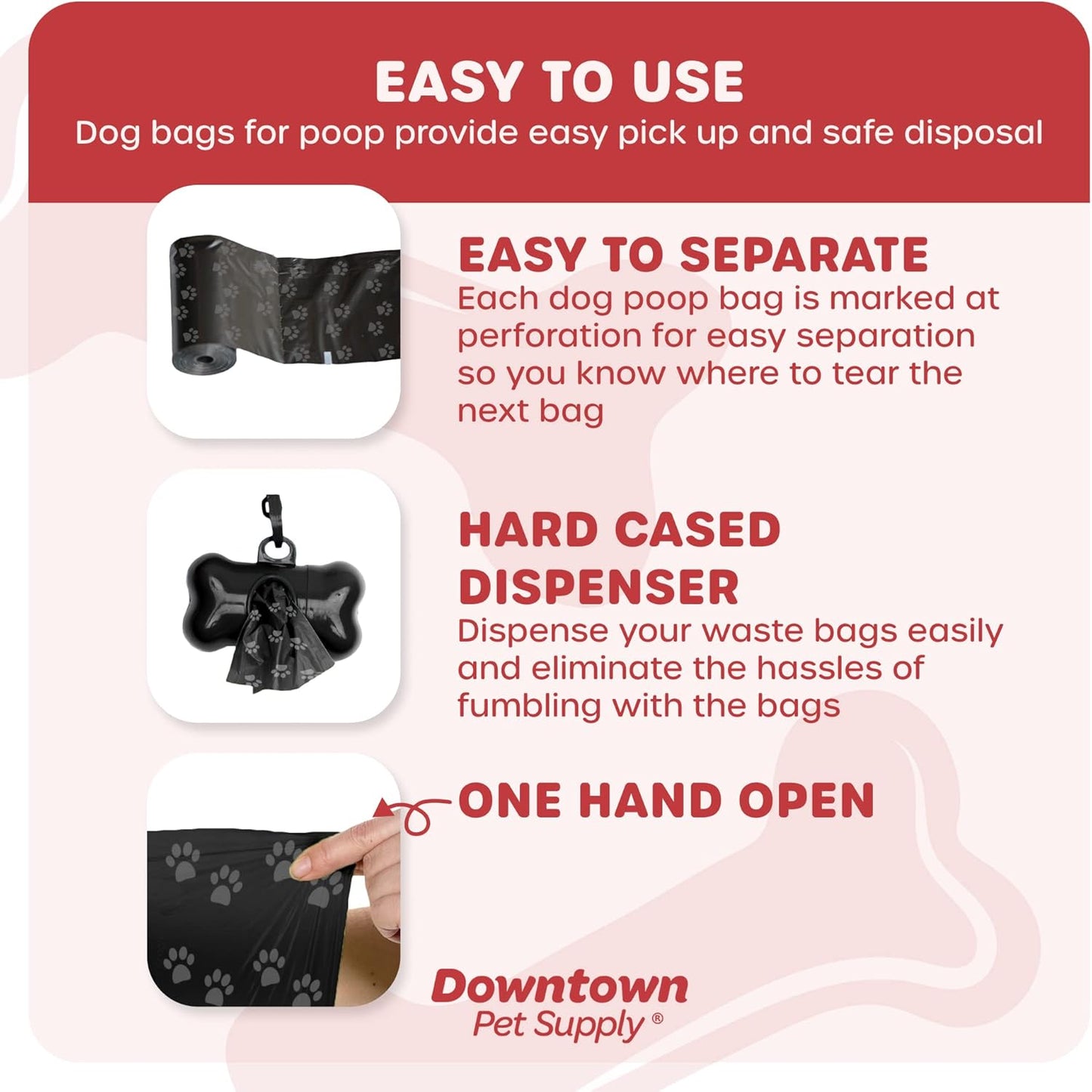500 Pet Waste Bags, Dog Waste Bags, Bulk Poop Bags with Leash Clip and Bone Bag Dispenser - (500 Bags, Black with Paw Prints)