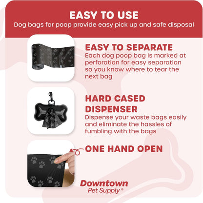 500 Pet Waste Bags, Dog Waste Bags, Bulk Poop Bags with Leash Clip and Bone Bag Dispenser - (500 Bags, Black with Paw Prints)