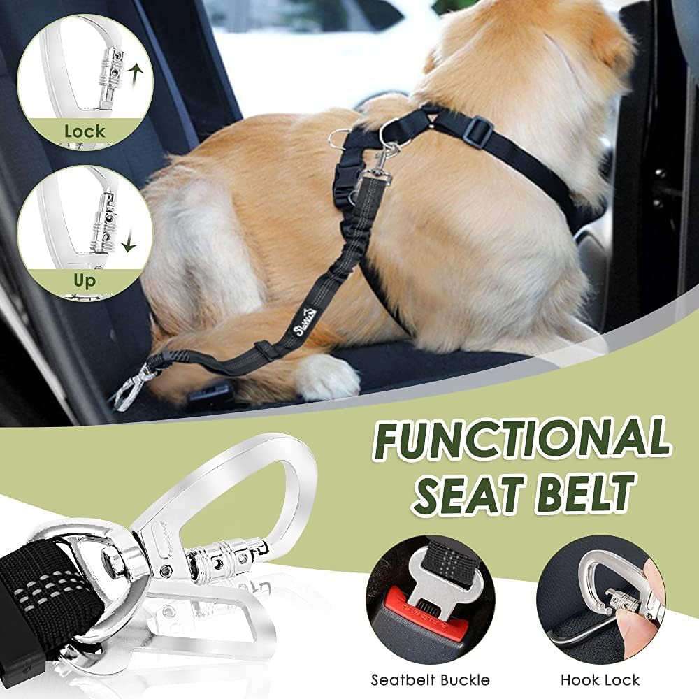 Dog Seatbelt, 2 Pack Dog Seat Belt Car Leash Adjustable Elastic Bungee Buffer Heavy Duty Nylon Reflective Pet Safety Tether Connect to Dog Harness for Travel Riding in Vehicle (Daul Clip, B)