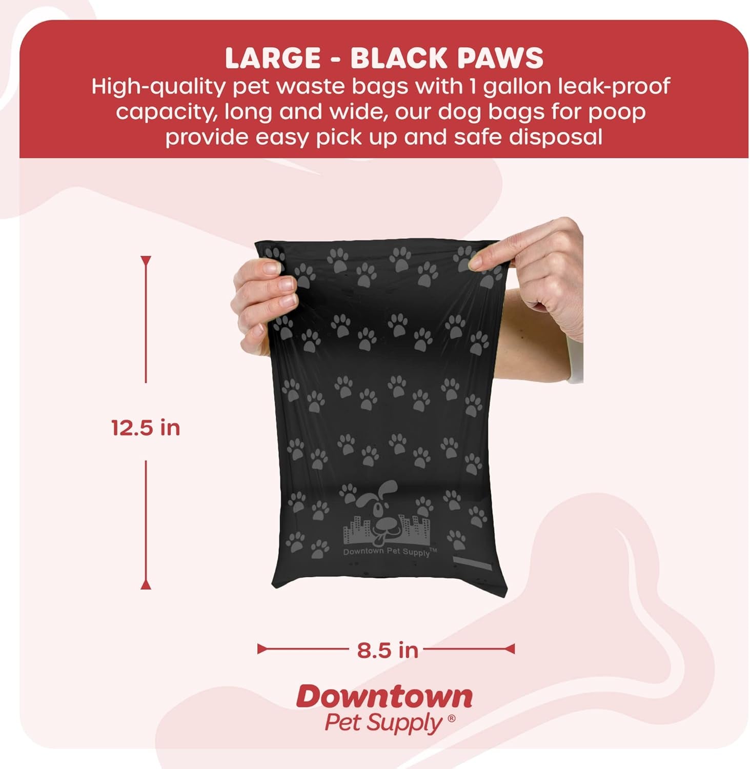 500 Pet Waste Bags, Dog Waste Bags, Bulk Poop Bags with Leash Clip and Bone Bag Dispenser - (500 Bags, Black with Paw Prints)