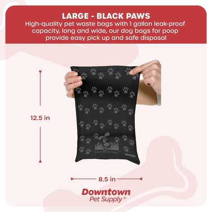 500 Pet Waste Bags, Dog Waste Bags, Bulk Poop Bags with Leash Clip and Bone Bag Dispenser - (500 Bags, Black with Paw Prints)