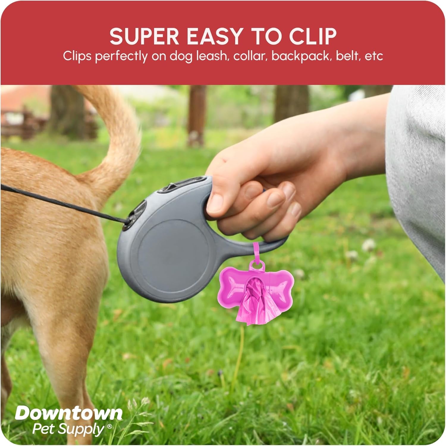 Poop Bags for Dogs with Dispenser, 220 Count - Leak-Proof Dog Waste Bags and Bone-Shaped Dog Poop Bags Holder for Leash - Pink, 12.5" X 8.5"