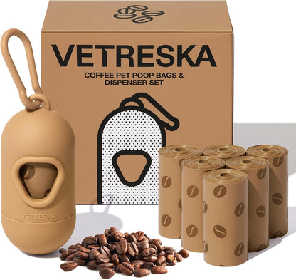 Dog Poop Bags Dispenser with Coffee Scented Waste Bags, Leak Proof, Extra Thick & Strong, 1 Holder and 105 Count Pet Poop Bags (7 Refill Rolls) for Dogs and Cats