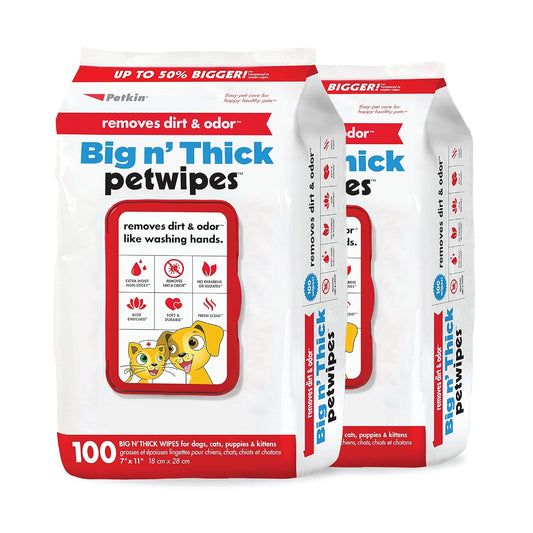 Pet Wipes for Dogs and Cats, 200 Large Wipes - Removes Dirt & Odor like Washing Hands - Cleans Ears, Face, Butt, Eyes Area - Convenient, Ideal for Home or Travel - 2 Packs of 100 Wipes