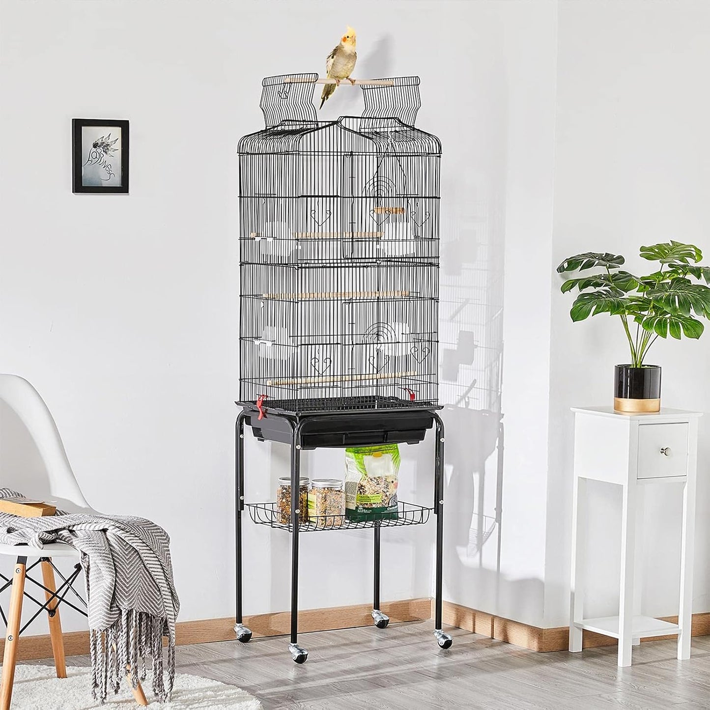 Yaheetech 64'' Bird Cage, Open Top Parakeet Cage W/Slide-Out Tray, Feeders, Detachable Rolling Stand, Bird Cages for Parrot, Cockatiel, Budgie, Parakeets, Lovebird, Small Medium Birds