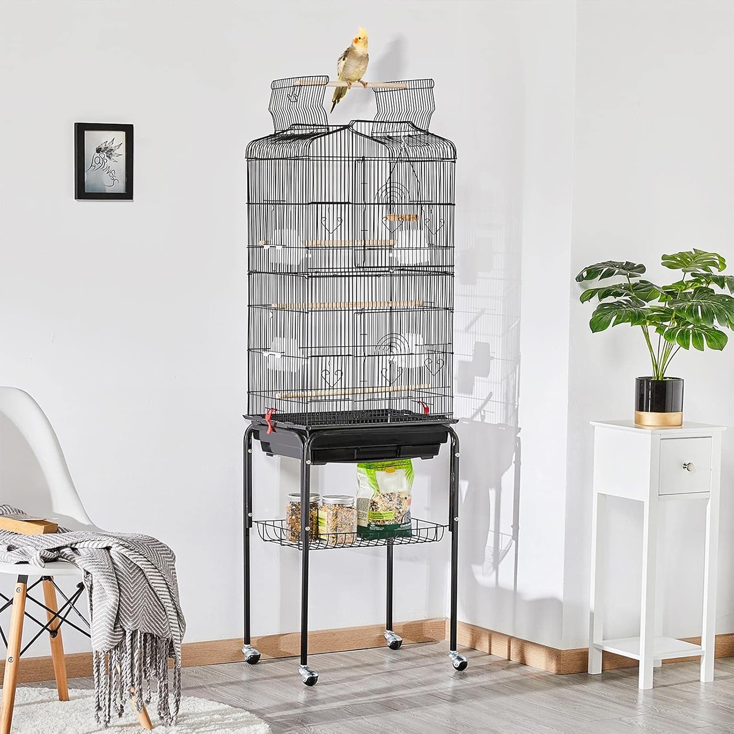 Yaheetech 64'' Bird Cage, Open Top Parakeet Cage W/Slide-Out Tray, Feeders, Detachable Rolling Stand, Bird Cages for Parrot, Cockatiel, Budgie, Parakeets, Lovebird, Small Medium Birds