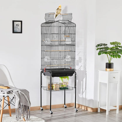 Yaheetech 64'' Bird Cage, Open Top Parakeet Cage W/Slide-Out Tray, Feeders, Detachable Rolling Stand, Bird Cages for Parrot, Cockatiel, Budgie, Parakeets, Lovebird, Small Medium Birds