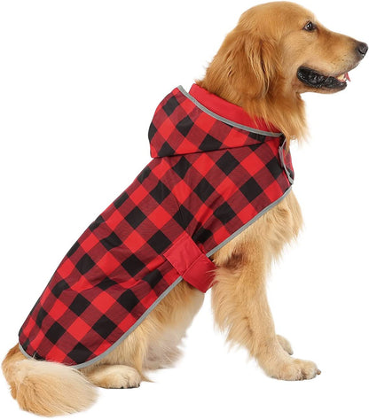 Reversible Dog Raincoat Hooded Slicker Poncho Rain Coat Jacket for Small Medium Large Dogs Buffalo Plaid Red - XXL