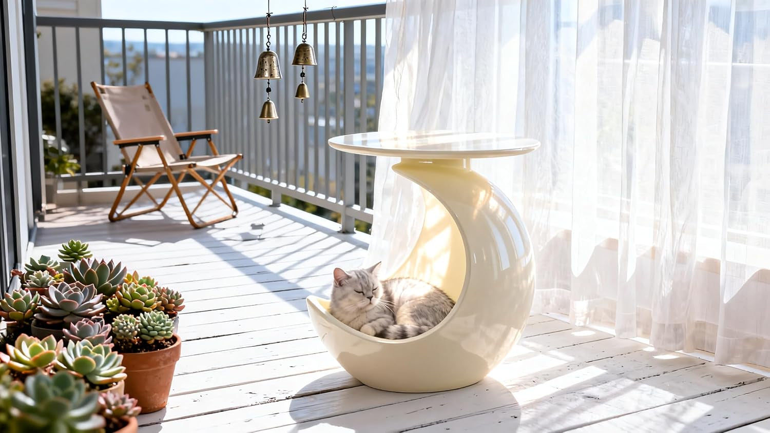 Crescent Moon 2-In-1 Human & Pet Side Table, Resin Cat Cave Hideout, Indoor Cat Shelter Pet Furniture