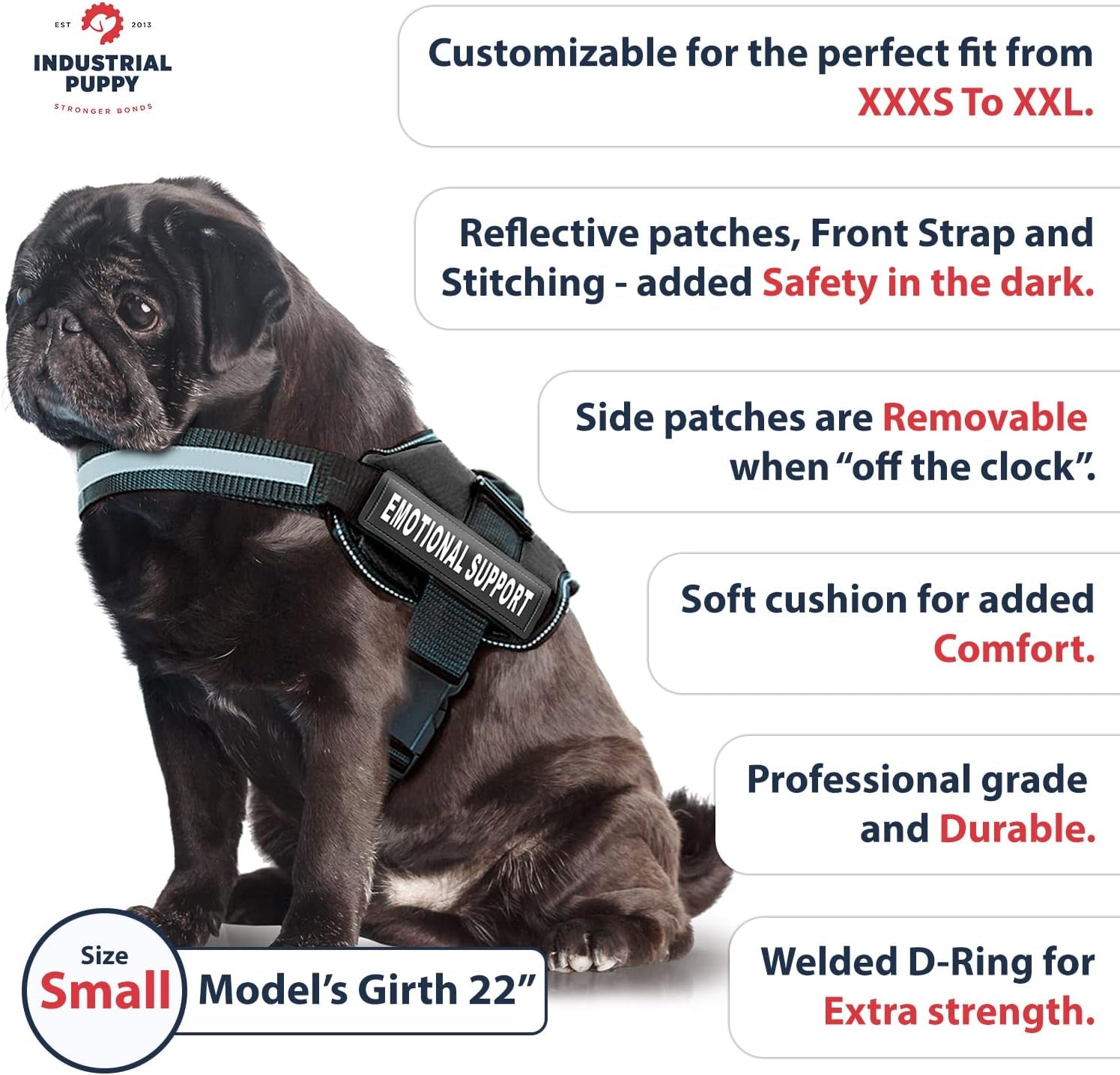 Emotional Support Vest Harness - Durable and Adjustable Dog Vest with Reflective Straps, Removable Patches, Handle & D-Ring, Travel and Daily Use, Small 19.5-25" - Black
