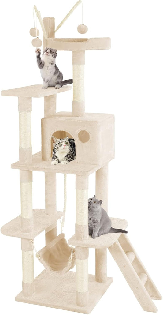 Cat Tree for Indoor Cats, 65.5 Inches Cat Tower with Sisal-Covered Scratching Posts, Top Perch, Ladder and Hammock, Cat Trees and Condos Furniture for Kittens Pet House Play, Beige